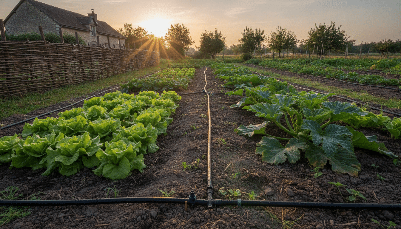 Système de goutte-à-goutte dans un potager à l'aube