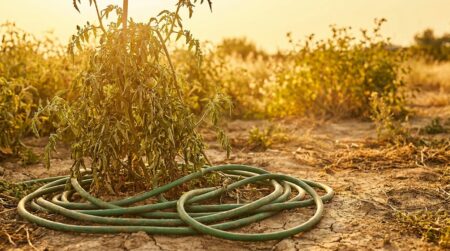 Tuyau d'arrosage au pied d'une plante en plein soleil