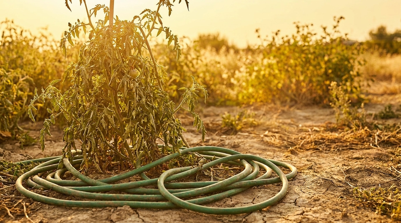 Tuyau d'arrosage au pied d'une plante en plein soleil