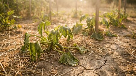 Plants de courgettes flétris dans un potager sous le soleil