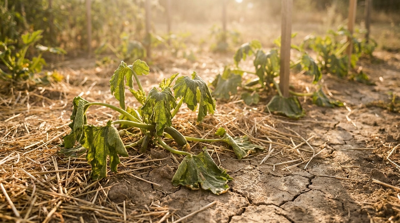 Plants de courgettes flétris dans un potager sous le soleil