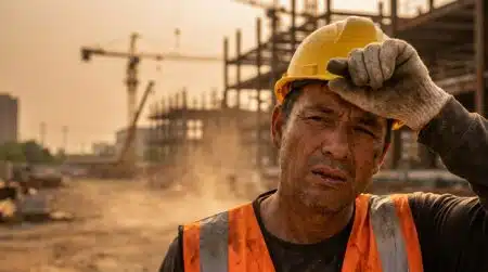 Ouvrier essuyant la sueur sous un soleil intense