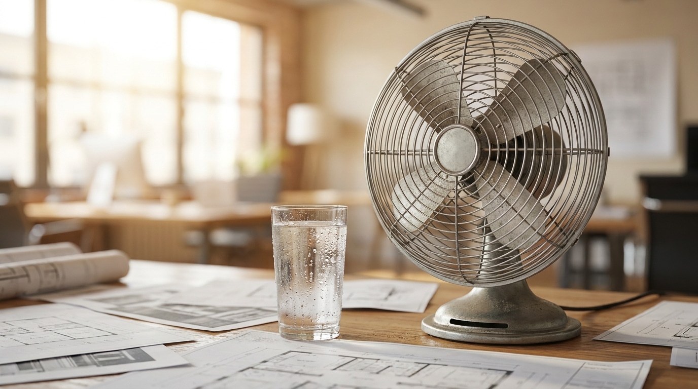 Ventilateur et verre d'eau sur un bureau en open space