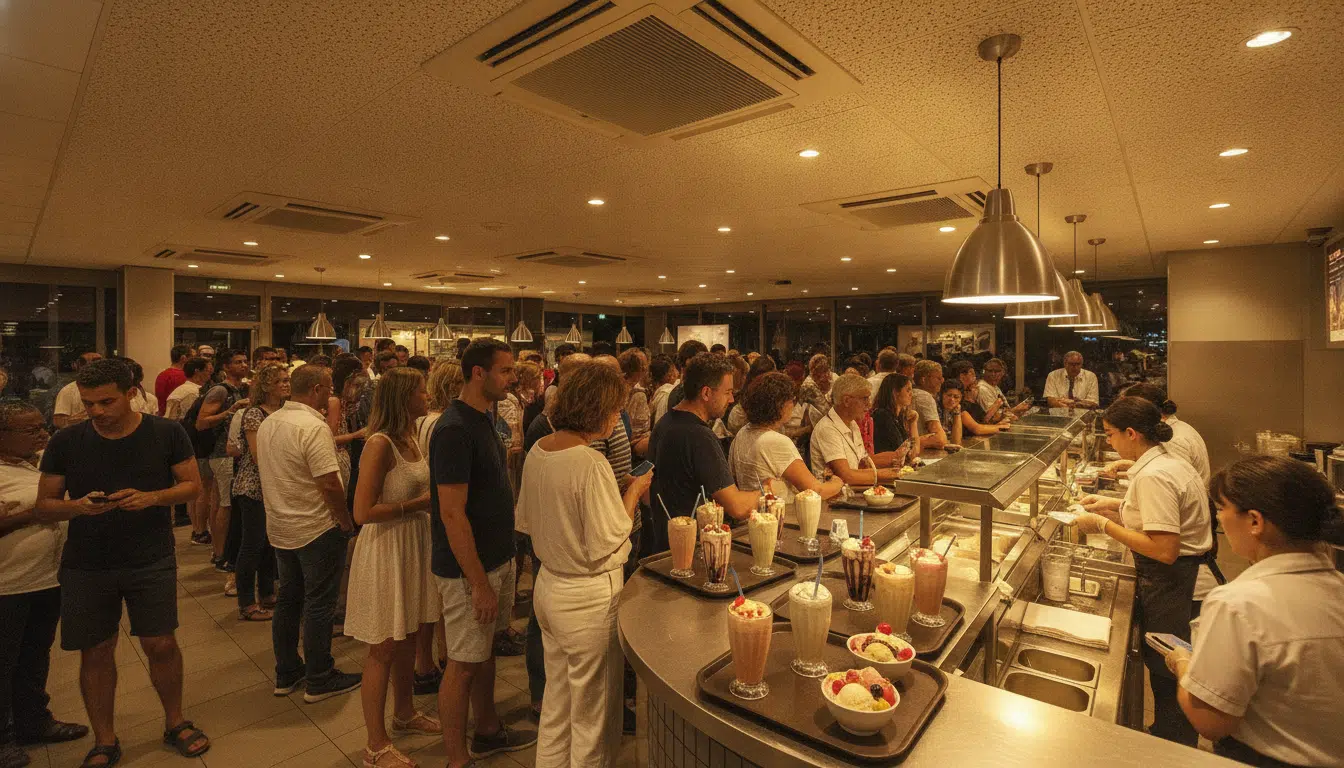 File d'attente dans un fast-food climatisé en été