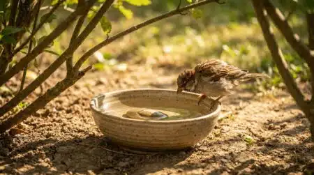 Moineau buvant dans une coupelle d'eau au jardin