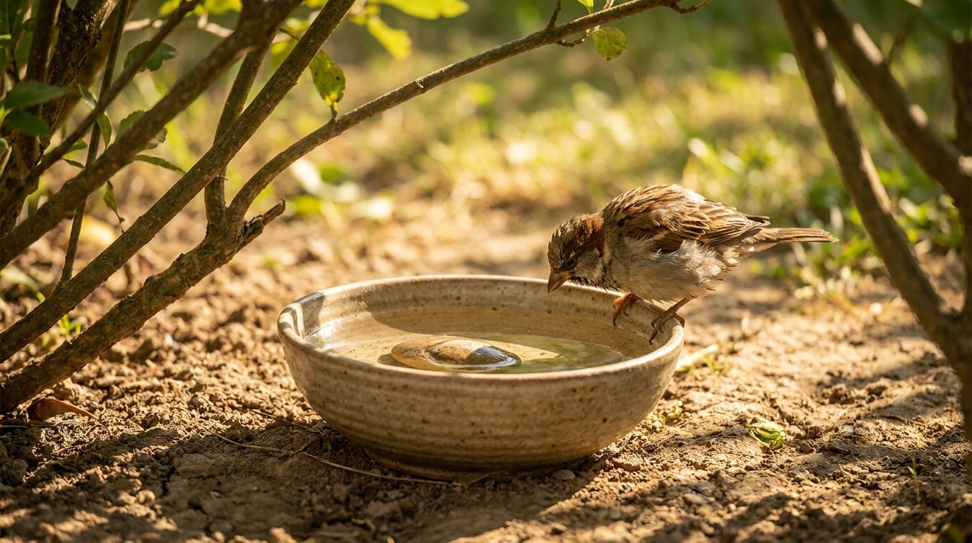 Moineau buvant dans une coupelle d'eau au jardin