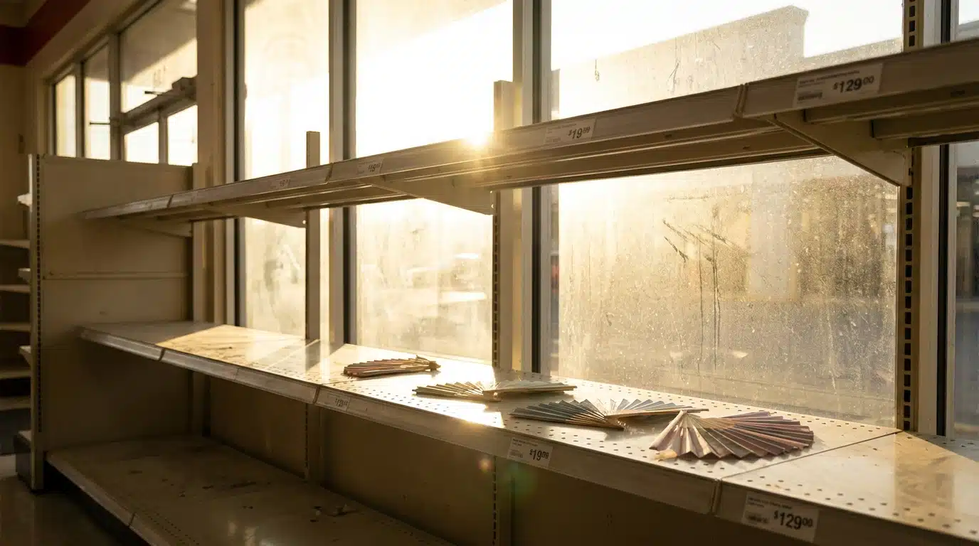 Rayons vides de ventilateurs dans un magasin en période de canicule
