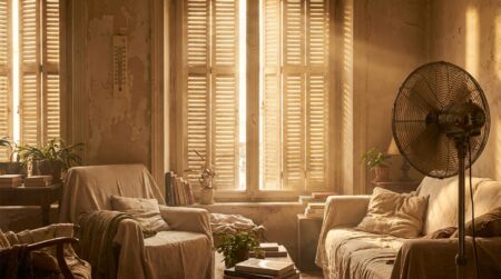 Intérieur d'appartement surchauffé avec volets fermés et ventilateur