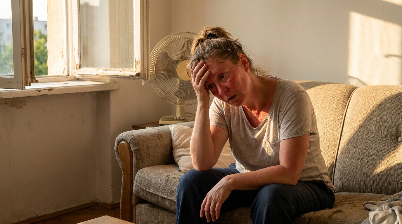 Femme épuisée par la chaleur dans son salon en été