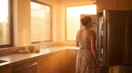 Femme regardant son frigo ouvert en pleine canicule
