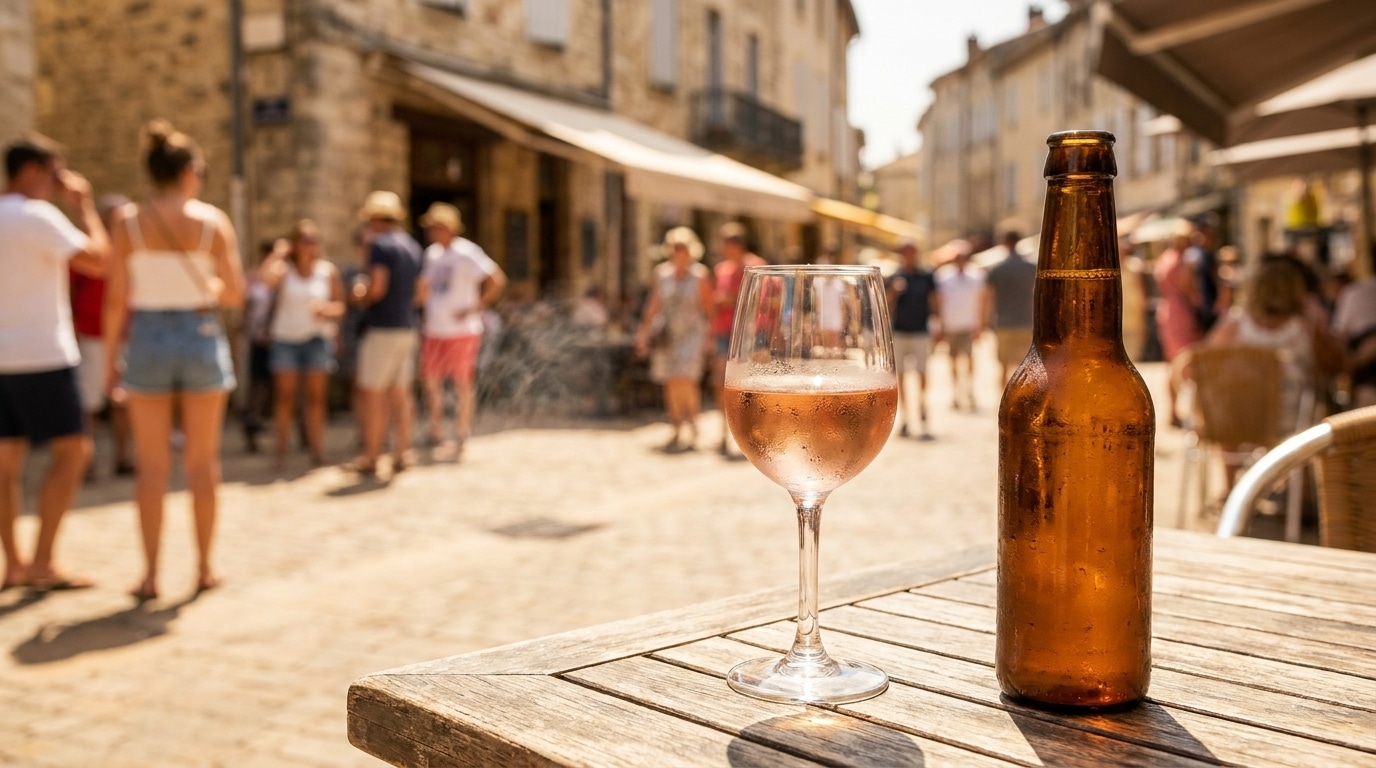 Verre de rosé et bière sur une terrasse en plein soleil
