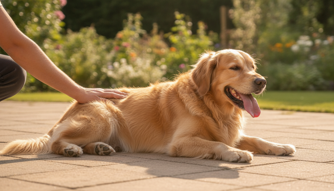Chien haletant allongé sur une terrasse en pleine chaleur
