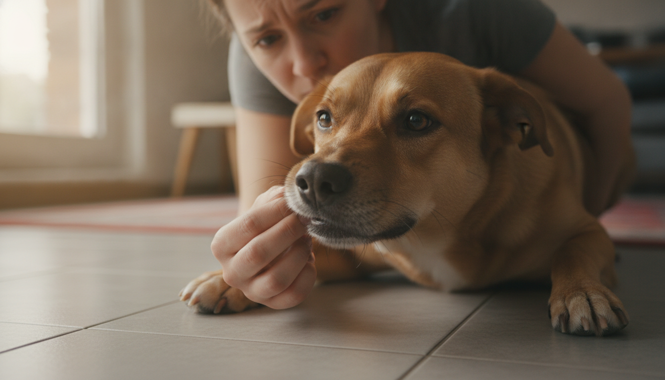 Main soulevant la babine d'un chien pour vérifier ses gencives