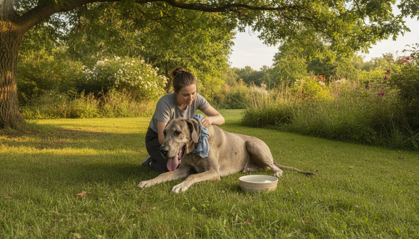 Personne rafraîchissant un chien avec un linge humide à l'ombre