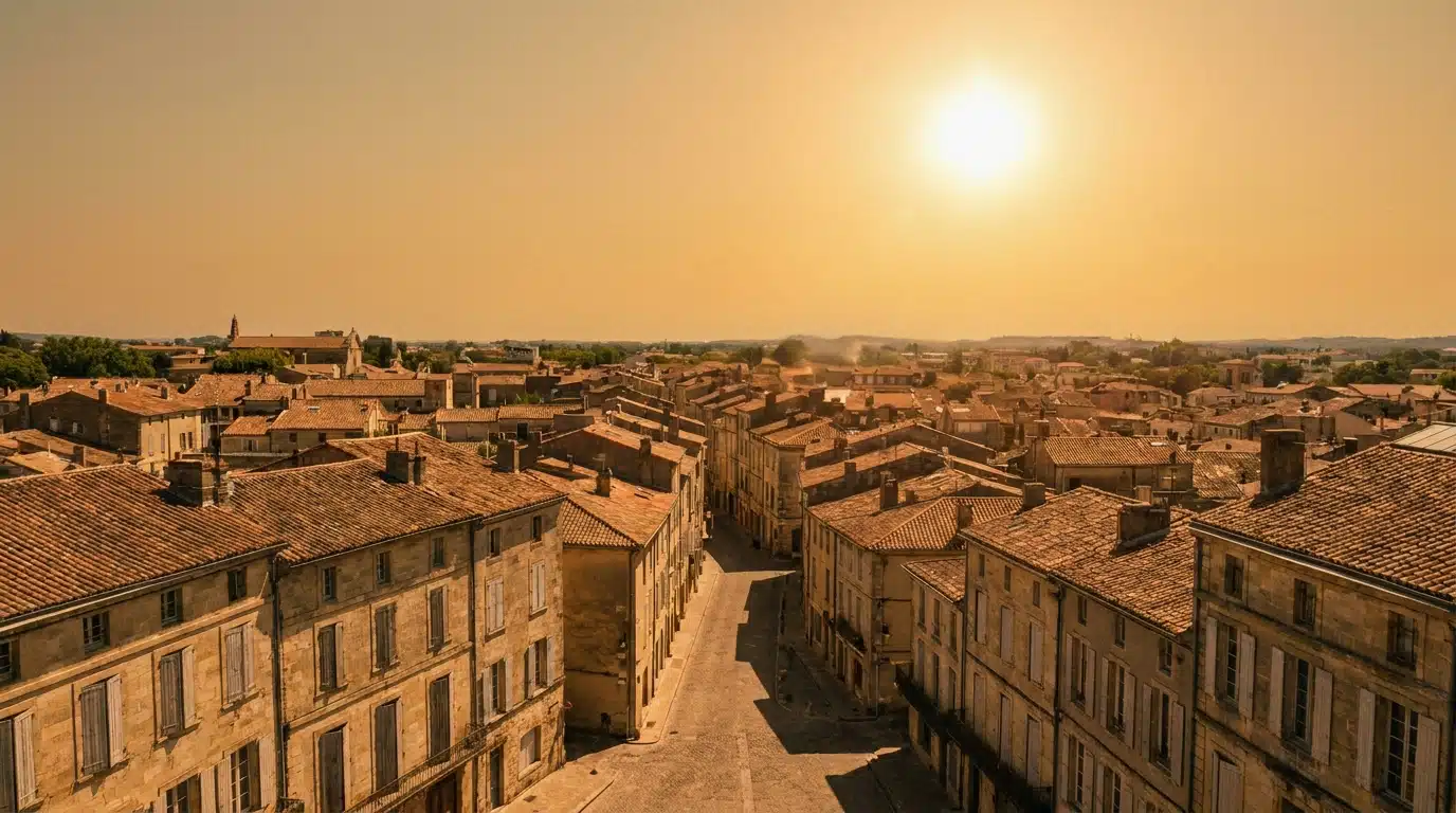 Ville française sous la chaleur avec brume de canicule