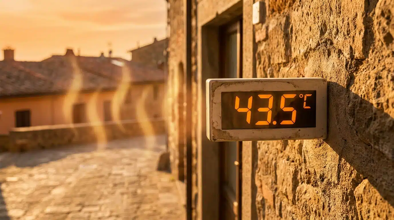 Thermomètre affichant une température extrême sur façade européenne