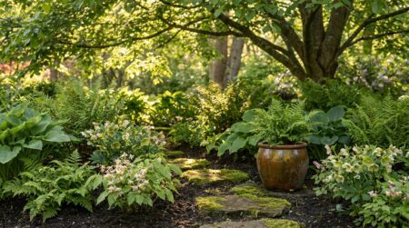 Coin de jardin ombragé luxuriant avec fougères et hellébores