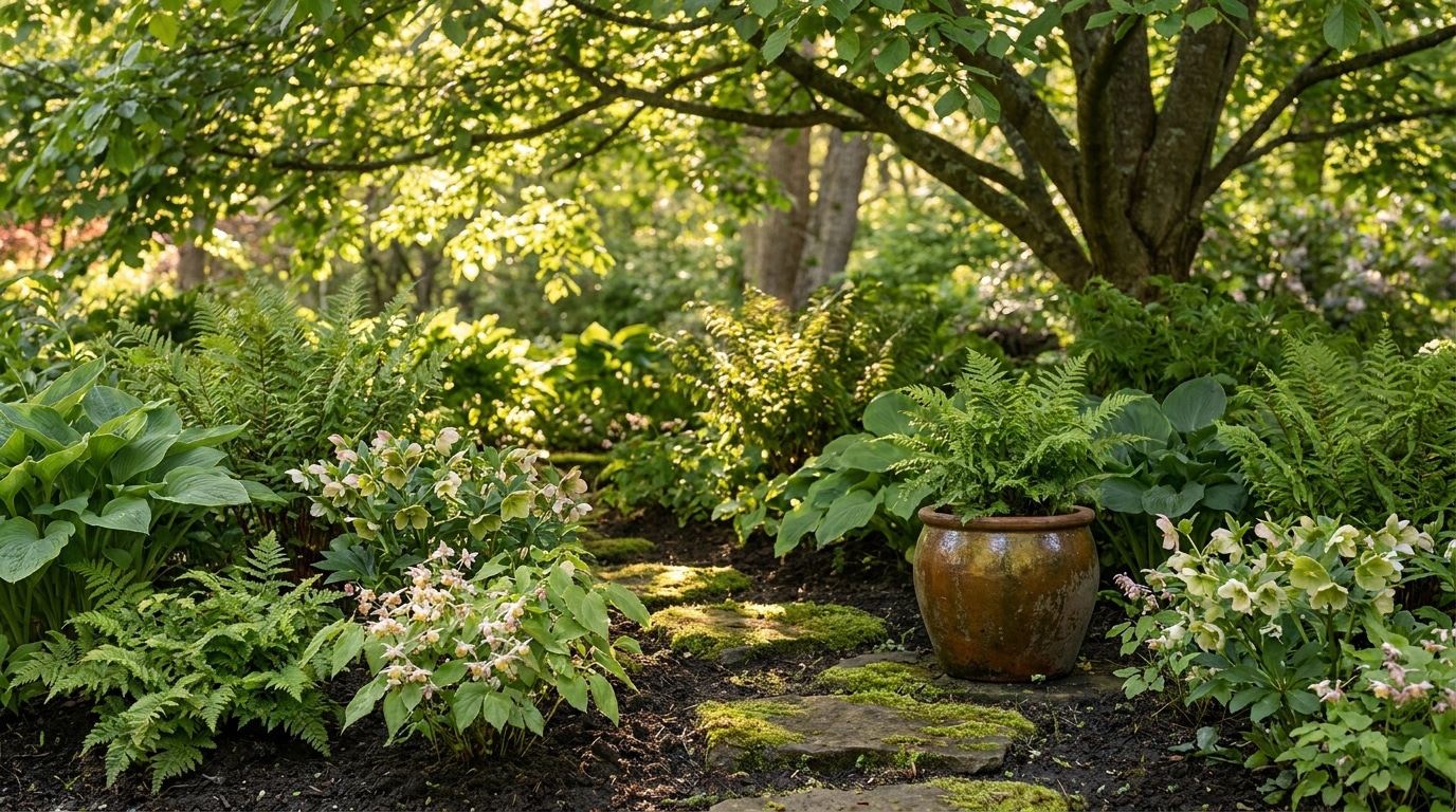 Coin de jardin ombragé luxuriant avec fougères et hellébores