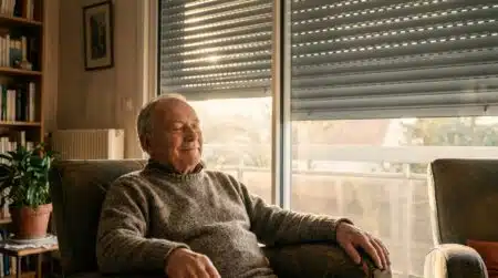 Personne âgée dans un salon frais avec volets roulants fermés