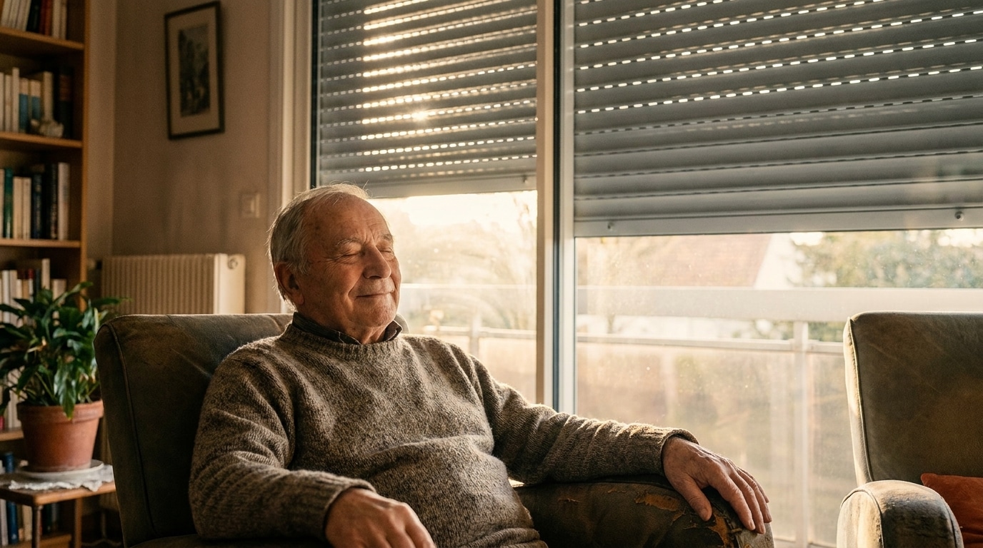 Personne âgée dans un salon frais avec volets roulants fermés
