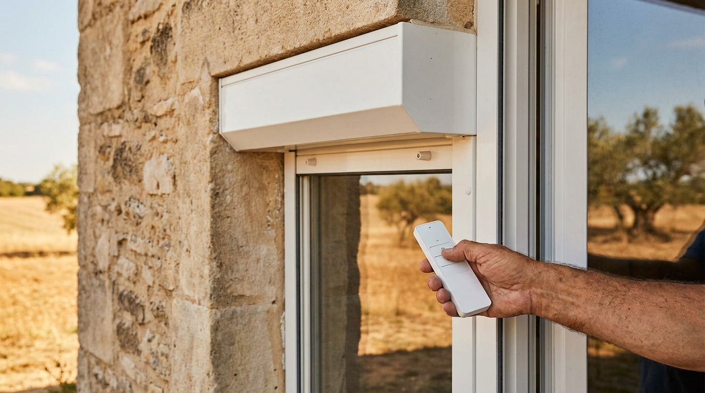 Main actionnant une télécommande de volets roulants électriques