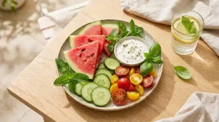 Assiette fraîche d'été avec pastèque, concombre et yaourt
