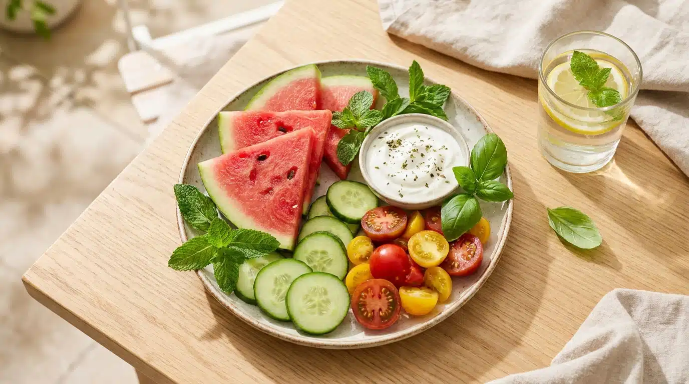 Assiette fraîche d'été avec pastèque, concombre et yaourt
