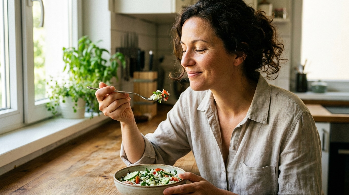 Femme savourant un bol de riz froid estival