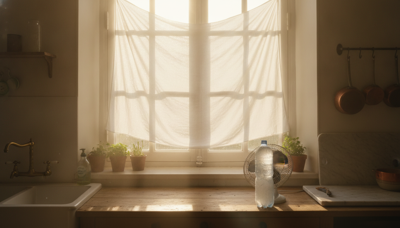 Drap humide et bouteille glacée devant un ventilateur