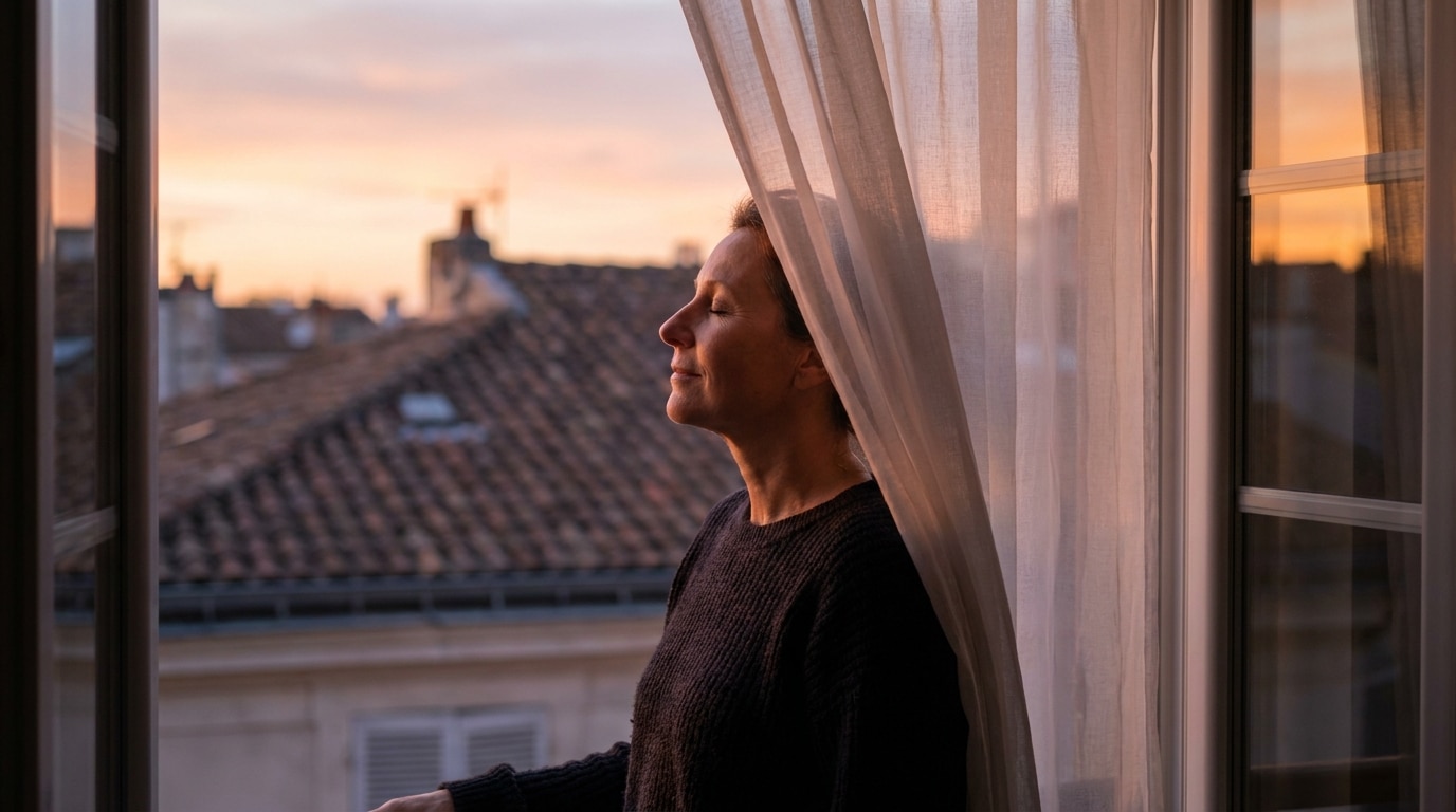 Femme soulagée ouvrant ses fenêtres à la tombée de la nuit