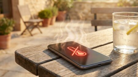 Smartphone en surchauffe posé sur une table au soleil