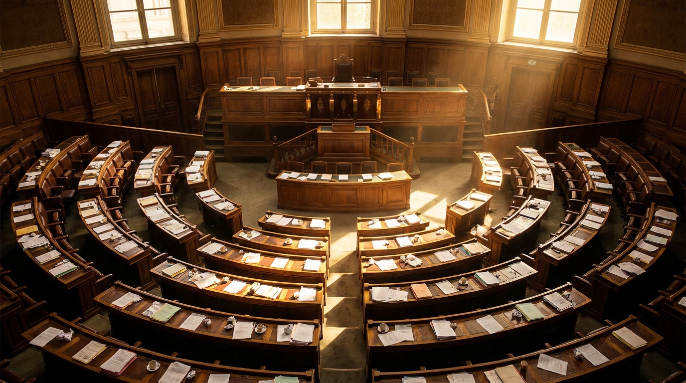 Hémicycle du Parlement français vide vu en plongée