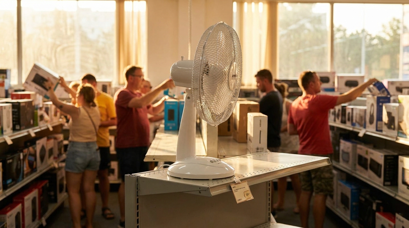 Rayon presque vide avec un dernier ventilateur en magasin