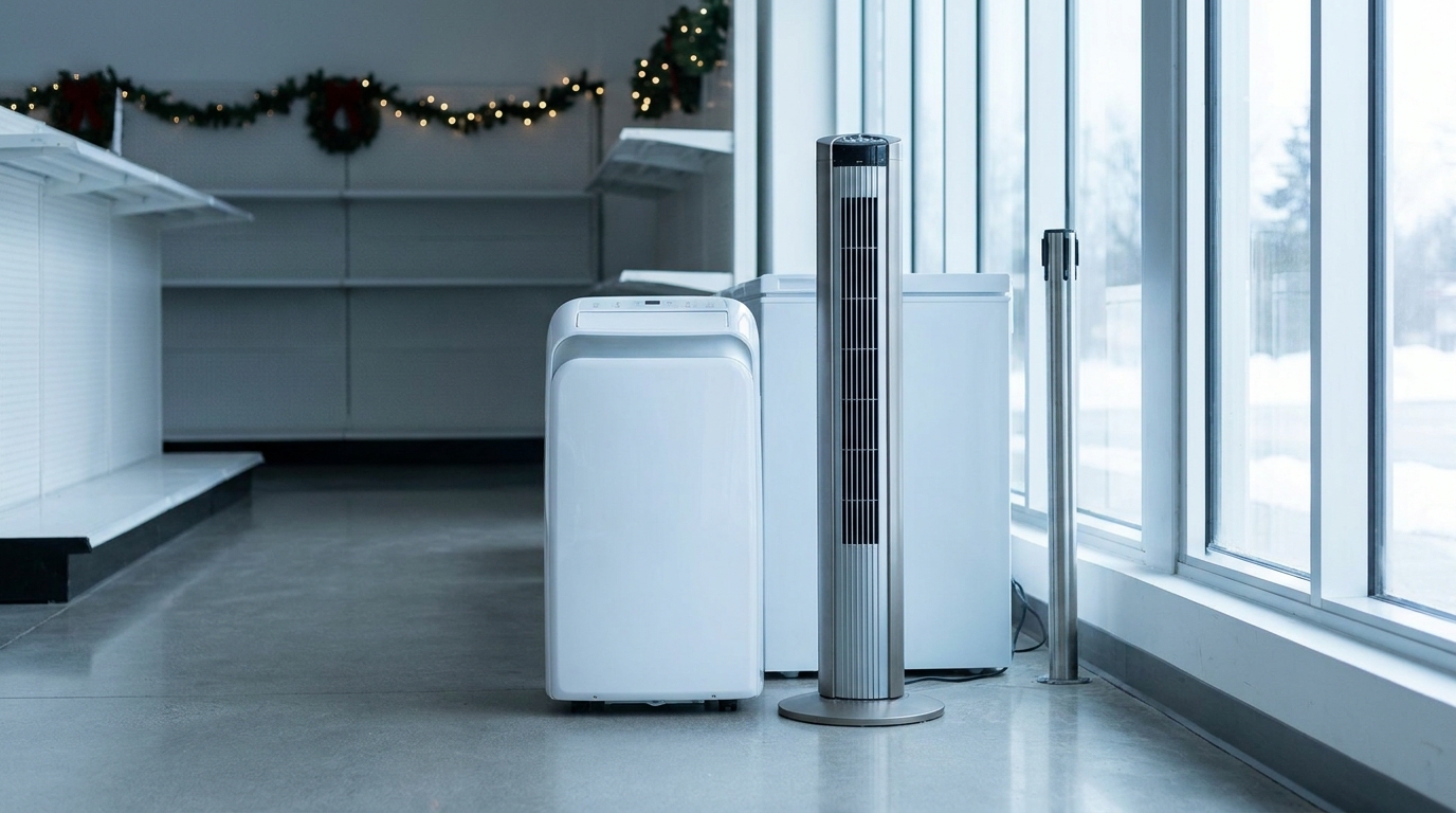Climatiseur et ventilateur exposés dans un magasin calme en hiver