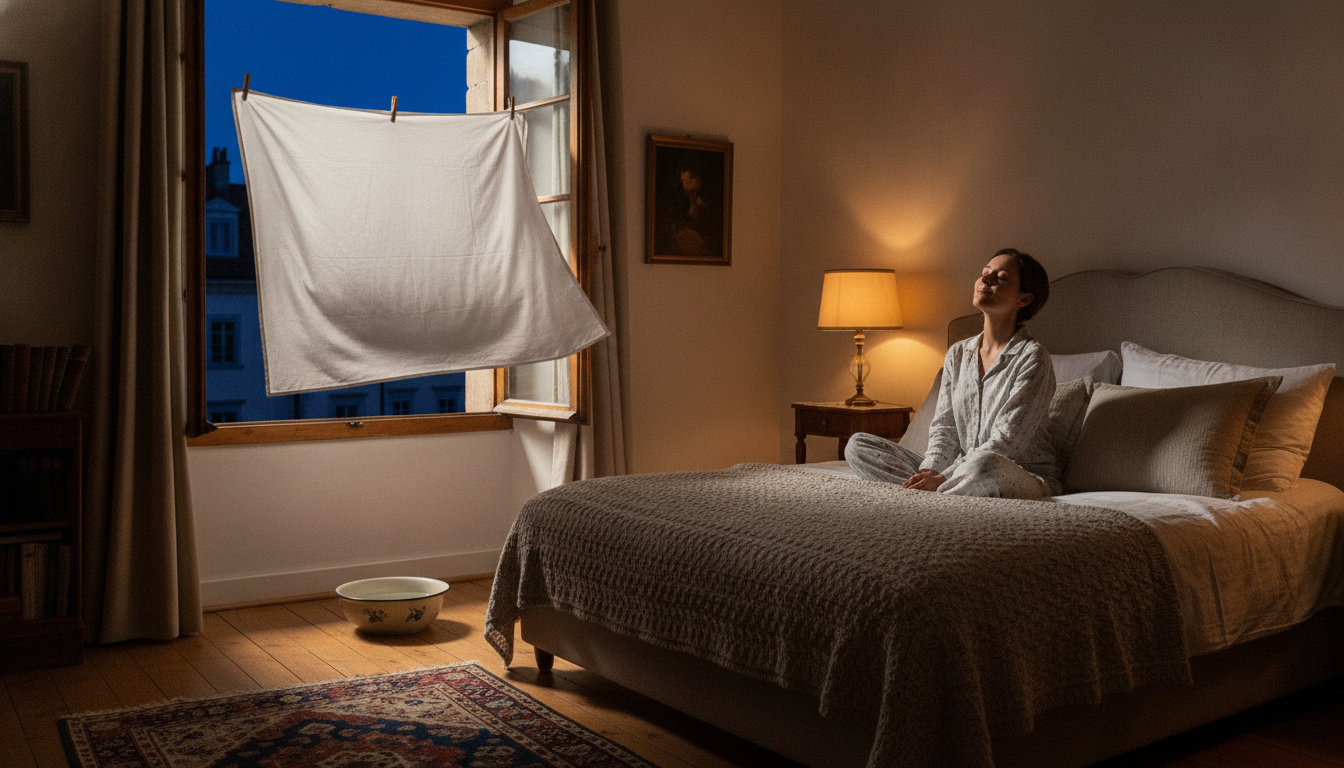 Drap humide installé à une fenêtre de chambre la nuit