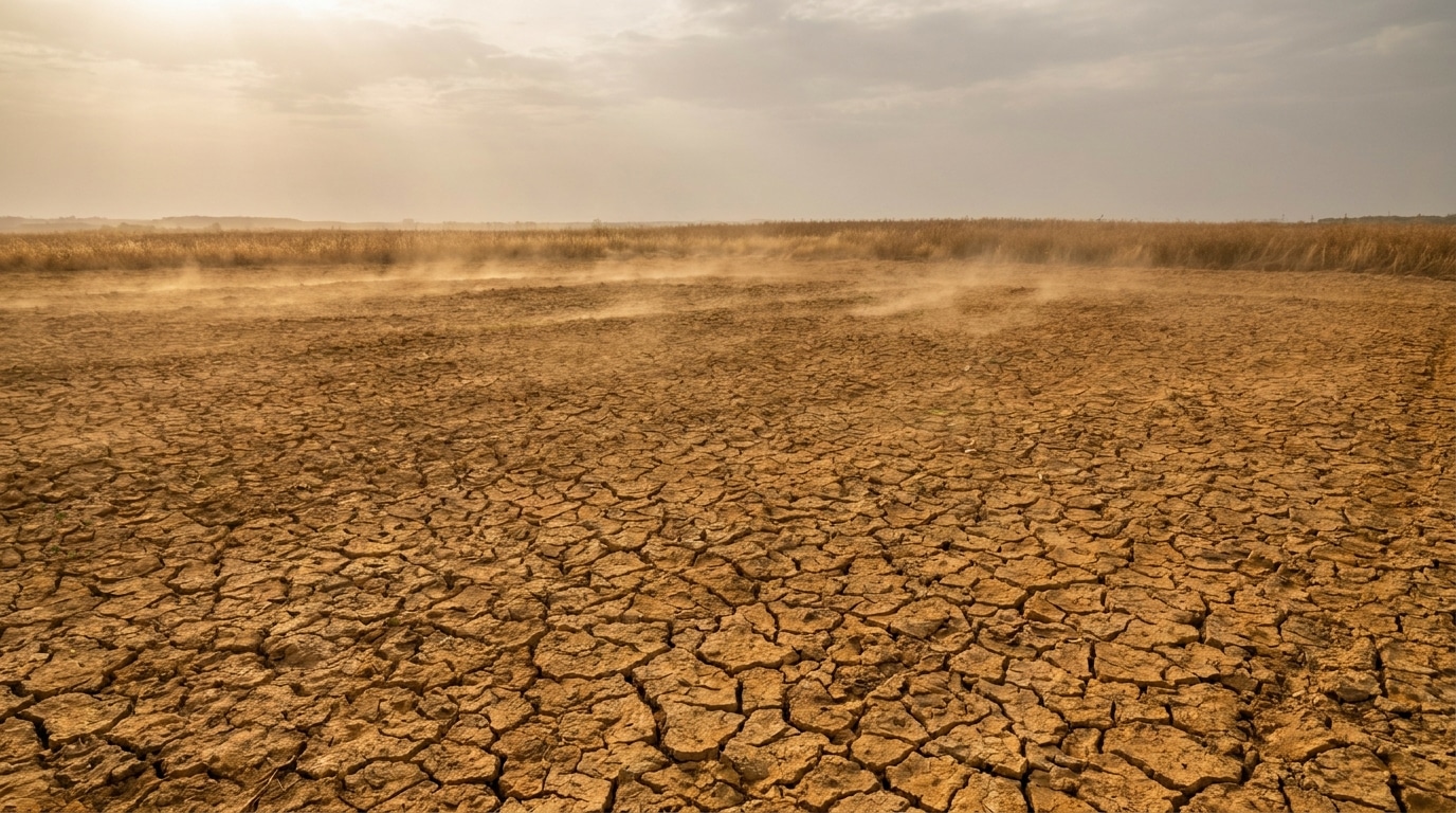 Sol craquelé et sec sous un ciel brumeux de canicule