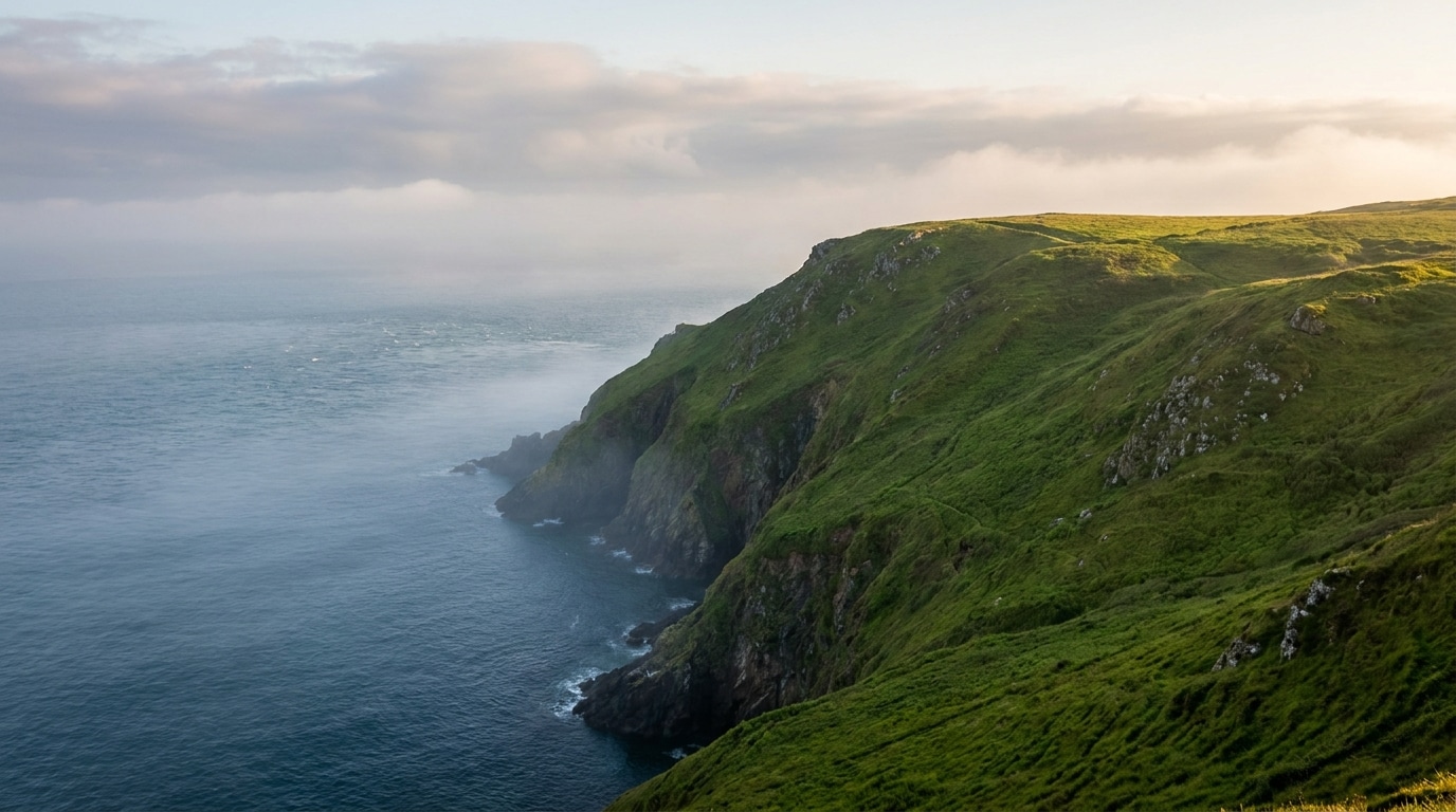 Falaises verdoyantes au bord de la mer sous un ciel nuageux