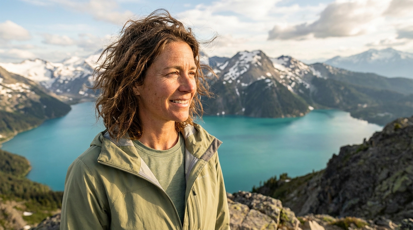 Randonneuse souriante face à un lac alpin en été