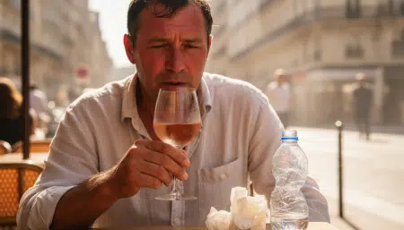 Homme en terrasse buvant du rosé en pleine canicule