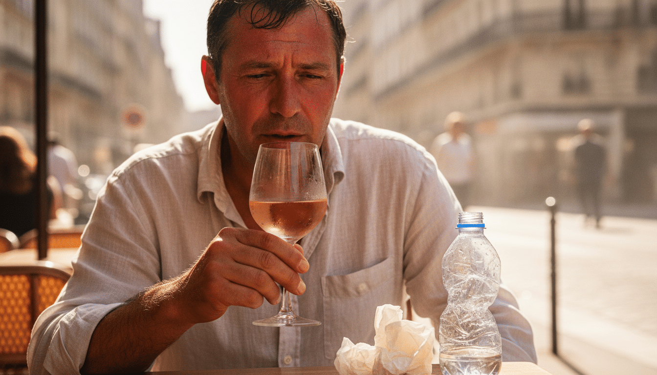 Homme en terrasse buvant du rosé en pleine canicule