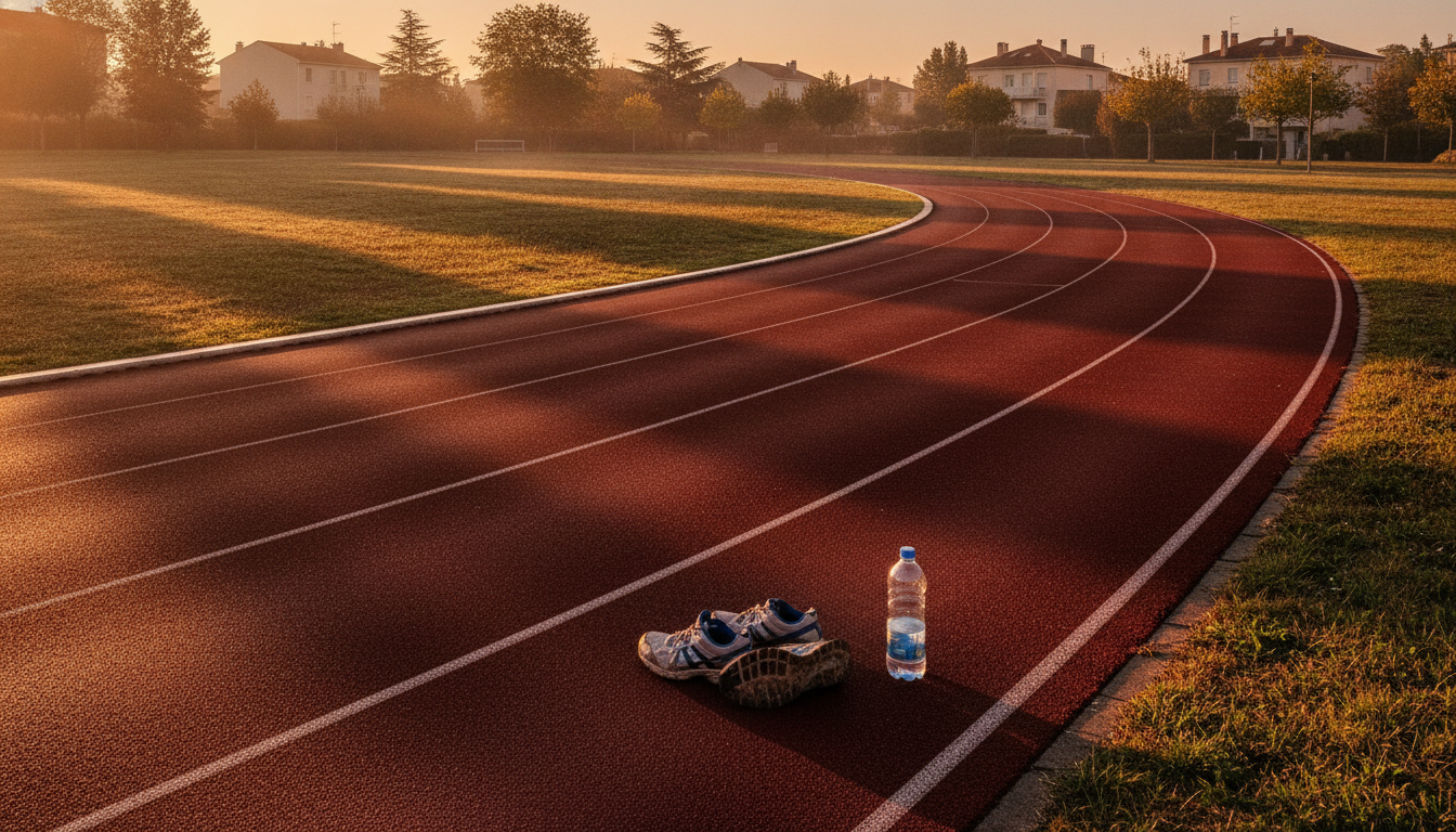Piste d'athlétisme vide sous la chaleur avec chaussures abandonnées