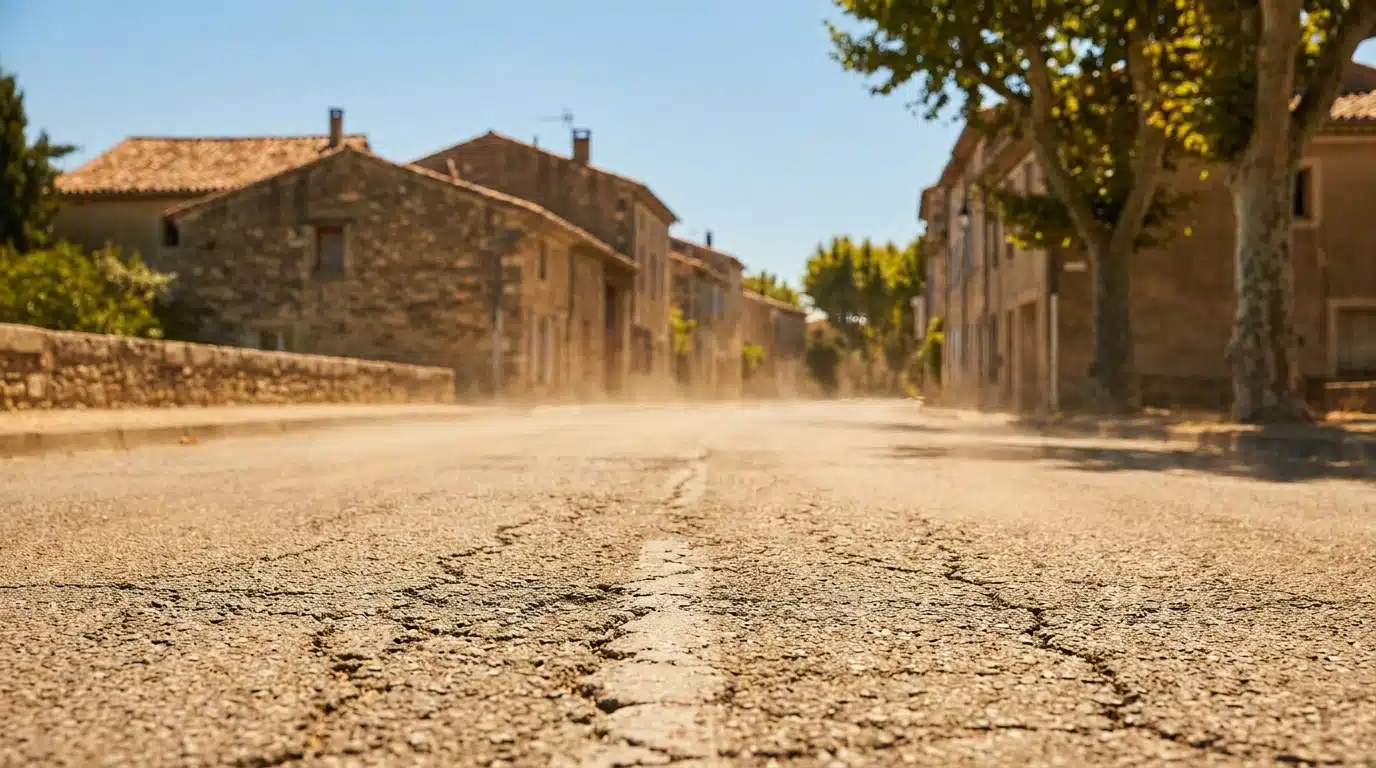 Vague de chaleur visible au-dessus d'une route française en été