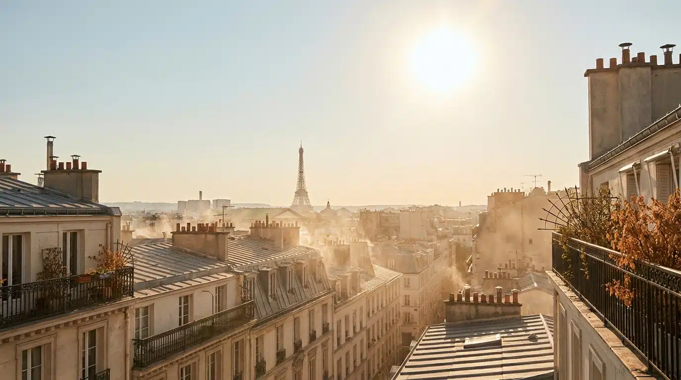 Toits parisiens sous une brume de chaleur intense