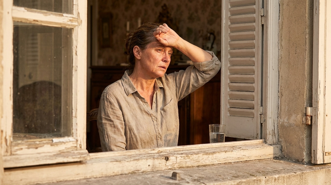 Femme essuyant la sueur près d'une fenêtre aux volets clos