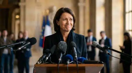 Femme au pupitre devant des micros de conférence de presse