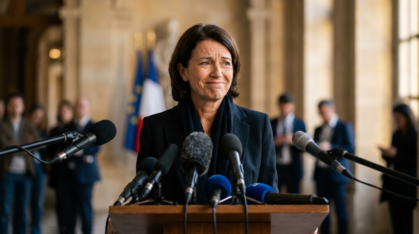 Femme au pupitre devant des micros de conférence de presse