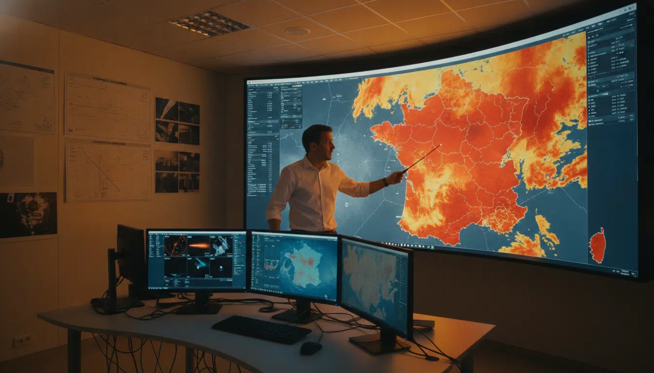 Météorologue analysant les prévisions de canicule sur une carte de France