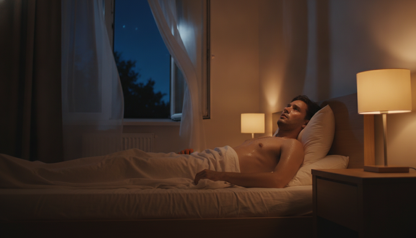 Personne éveillée dans son lit en sueur pendant la canicule