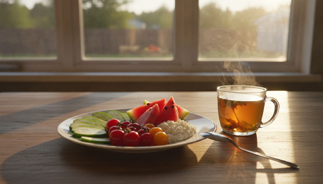 Assiette légère d'été avec concombre melon et infusion tiède