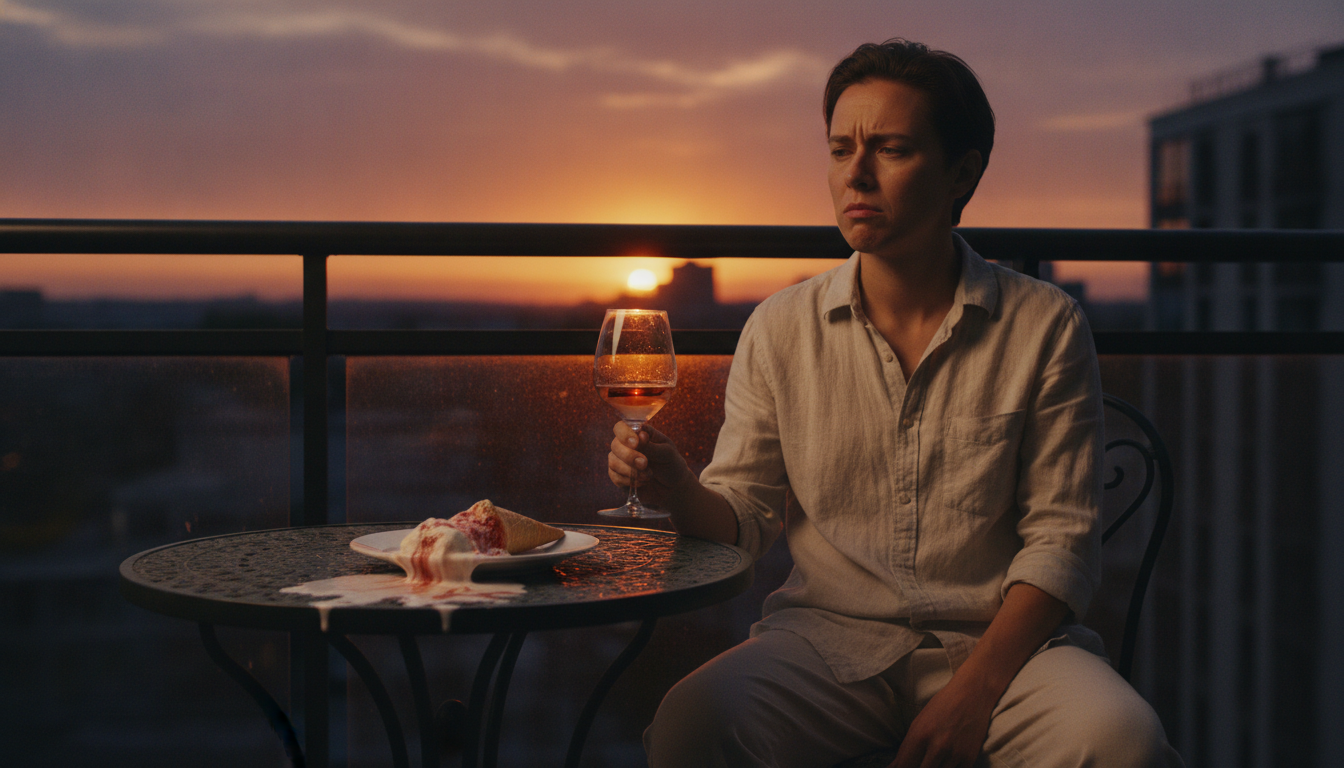 Verre de rosé et glace fondante sur un balcon en soirée chaude